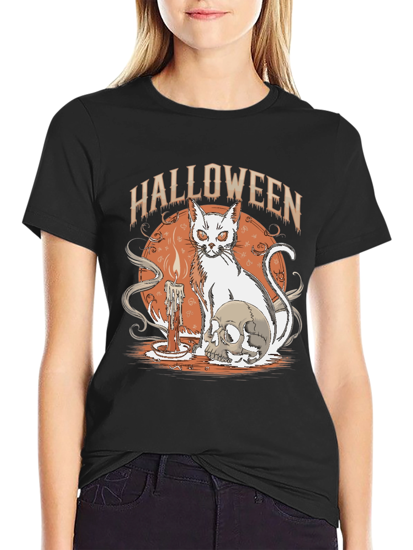 Halloween Cat & Skull Graphic Tee