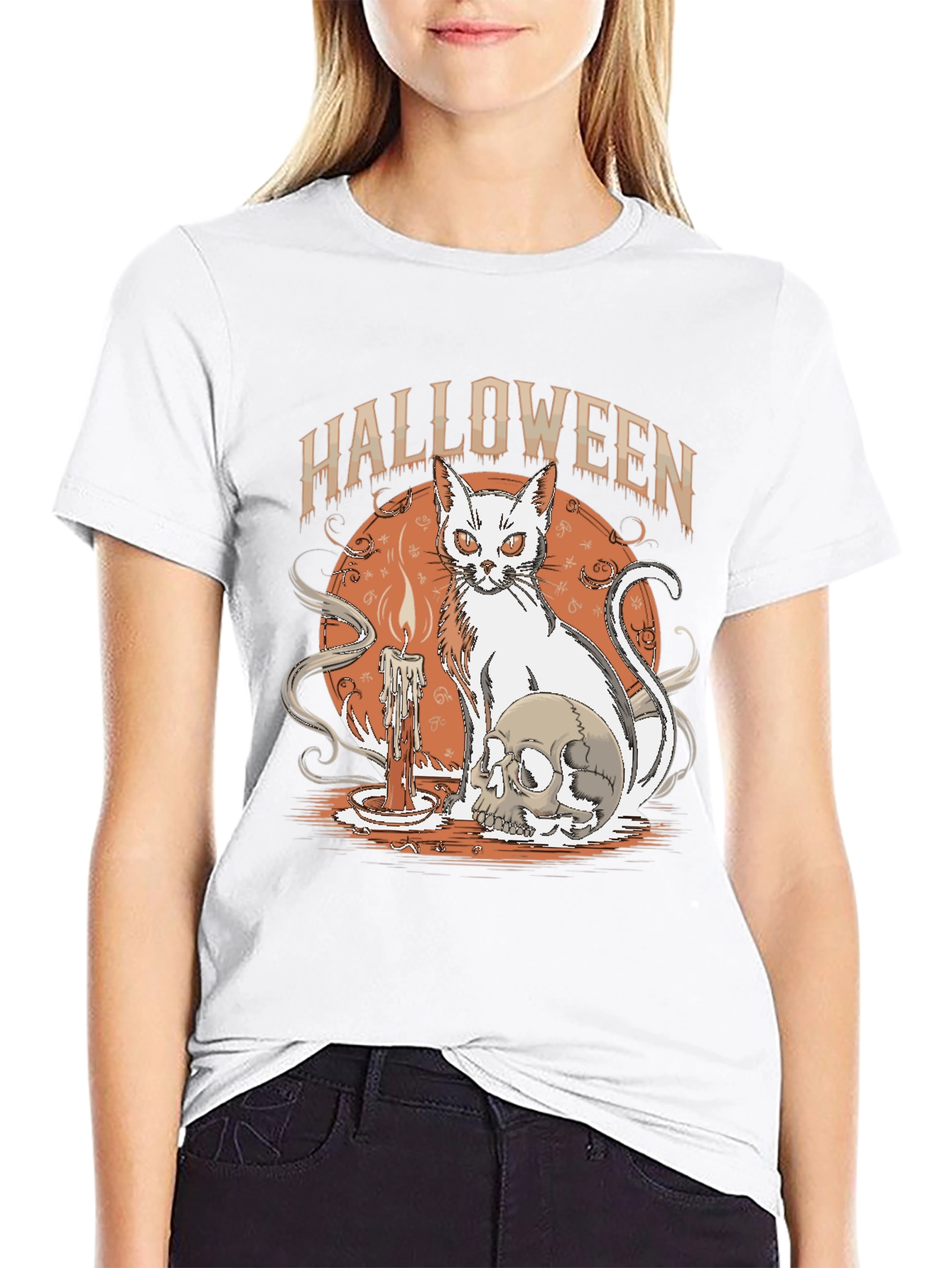 Halloween Cat & Skull Graphic Tee
