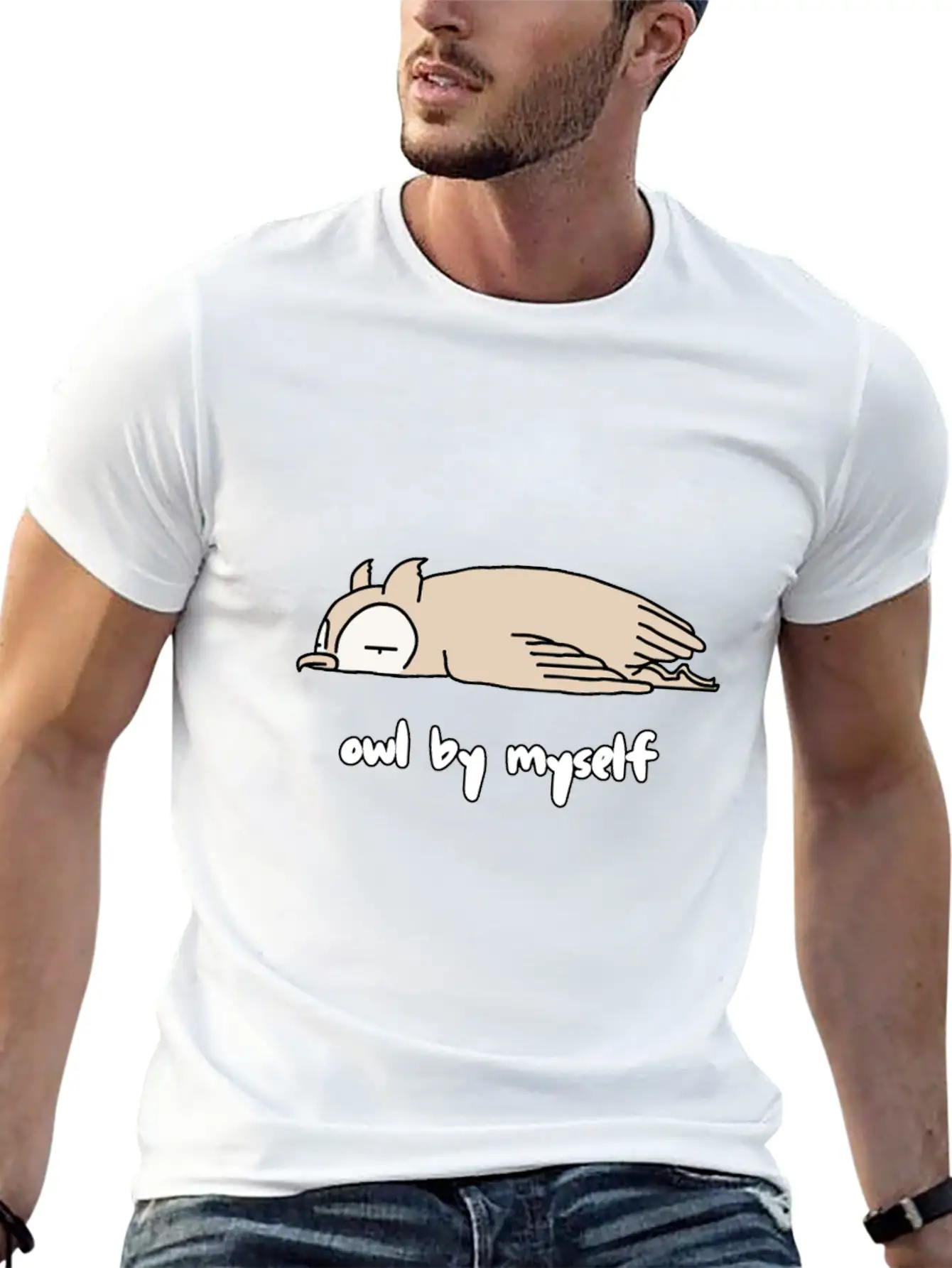 "OWL BY MYSELF" Moody Animal Shirt Design Classic Crew Neck Graphic Tee – Everyday Minimal Look