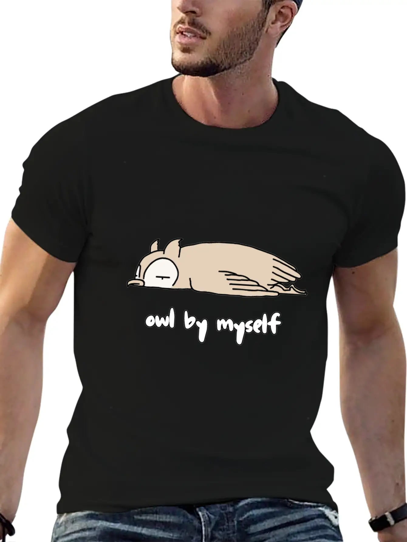 "OWL BY MYSELF" Moody Animal Shirt Design Classic Crew Neck Graphic Tee – Everyday Minimal Look