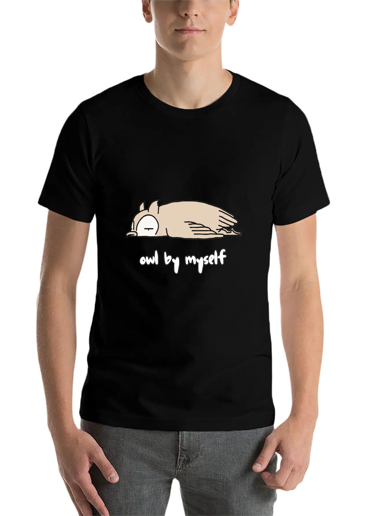 "OWL BY MYSELF" Moody Animal Shirt Design Classic Crew Neck Graphic Tee – Everyday Minimal Look