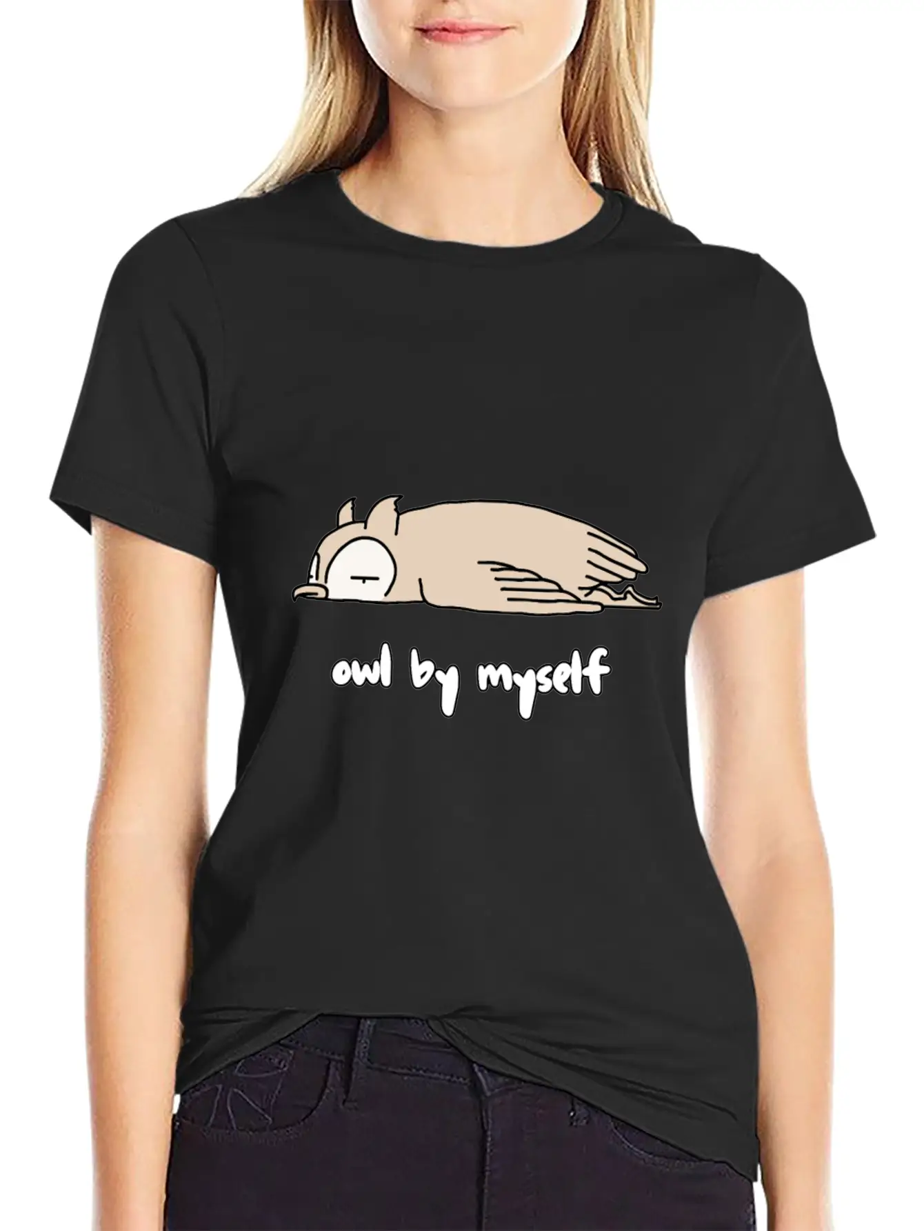 "OWL BY MYSELF" Moody Animal Shirt Design Classic Crew Neck Graphic Tee – Everyday Minimal Look