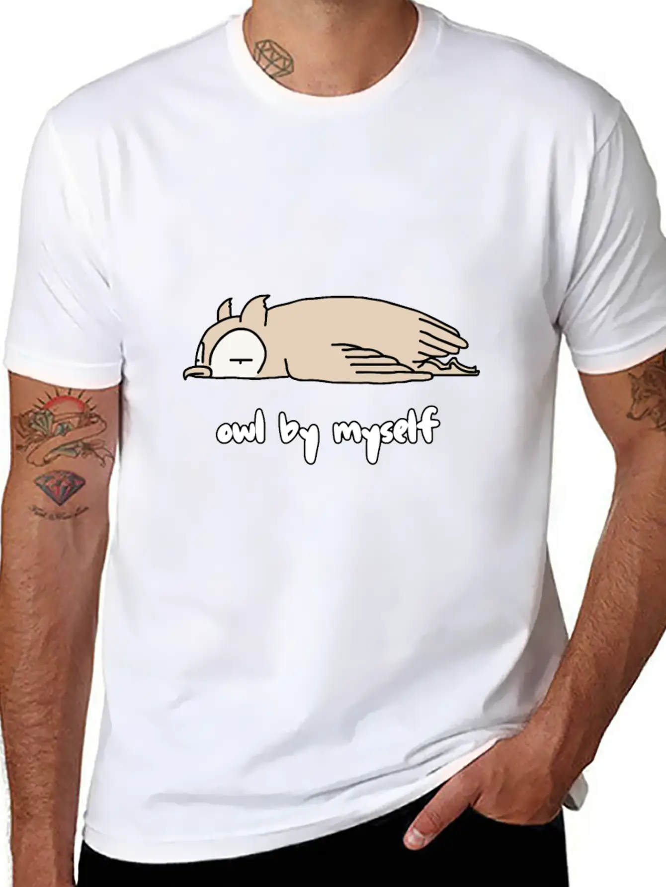 "OWL BY MYSELF" Moody Animal Shirt Design Classic Crew Neck Graphic Tee – Everyday Minimal Look
