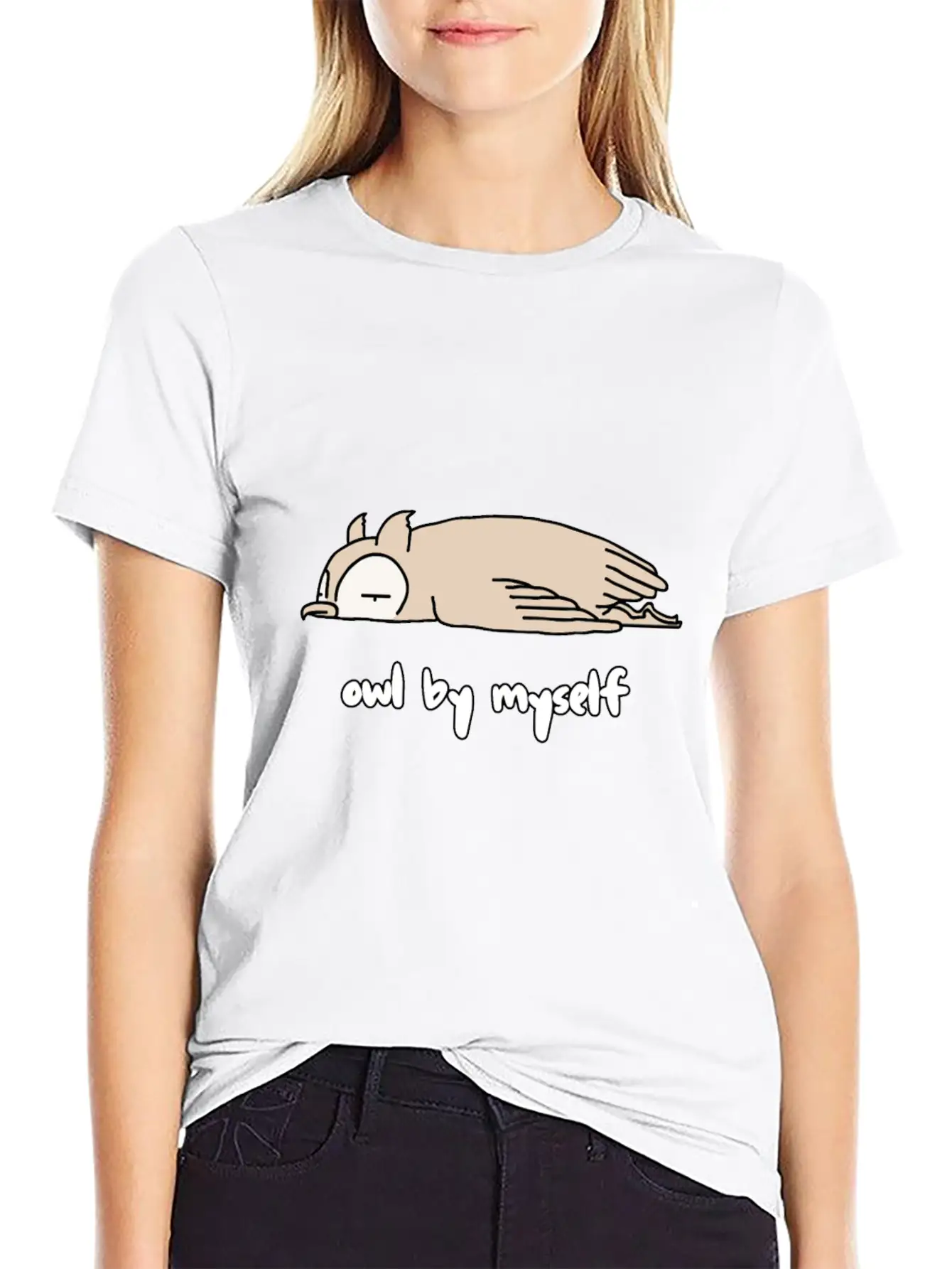 "OWL BY MYSELF" Moody Animal Shirt Design Classic Crew Neck Graphic Tee – Everyday Minimal Look