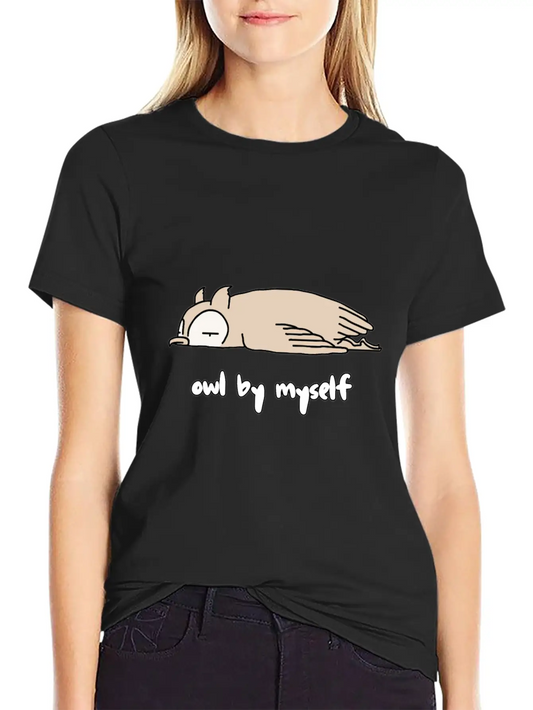 "OWL BY MYSELF" Moody Animal Shirt Design Classic Crew Neck Graphic Tee – Everyday Minimal Look